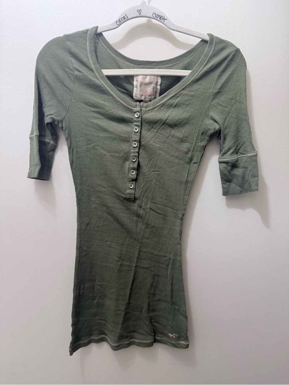 Y2K Hollister Babydoll Henley Baby Doll T Tunic Green L Slim Ribbed Bella Swan